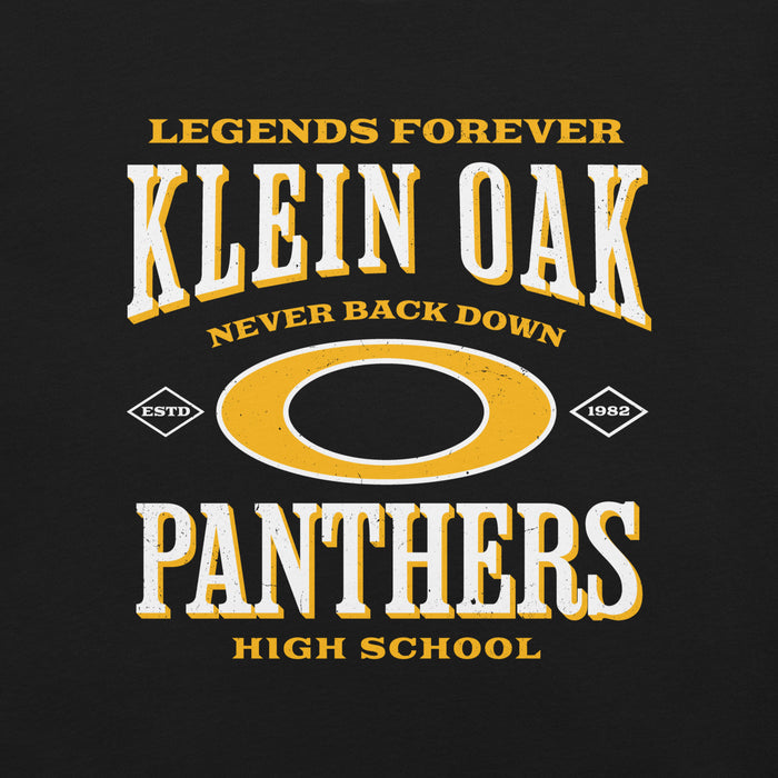 Close-up view of Klein Oak High School Panthers Premium Black Unisex T-shirt 230