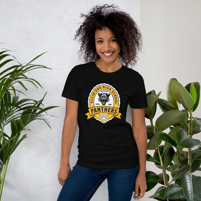 Woman wearing Klein Oak High School Panthers Premium Black Unisex T-shirt 212