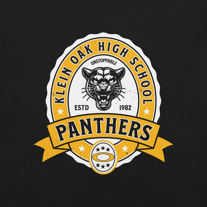 Close-up view of Klein Oak High School Panthers Premium Black Unisex T-shirt 212