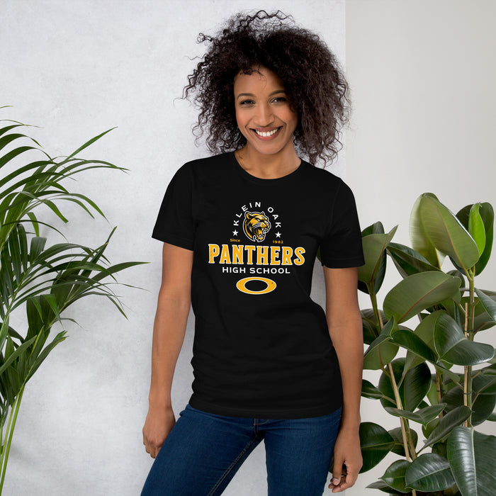 Woman wearing Klein Oak High School Panthers Premium Black Unisex T-shirt 222