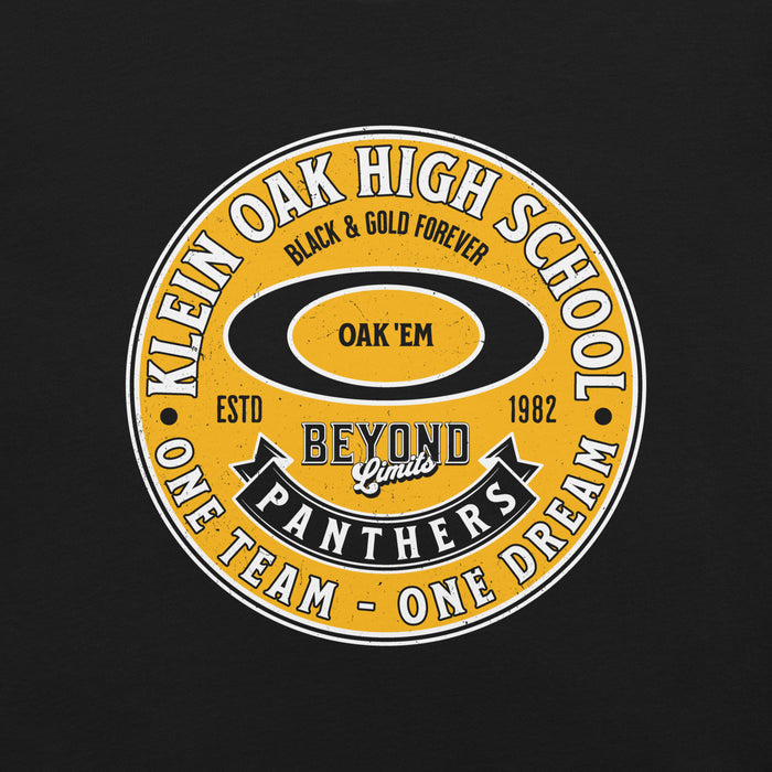 Close-up view of Klein Oak High School Panthers Premium Black Unisex T-shirt 215