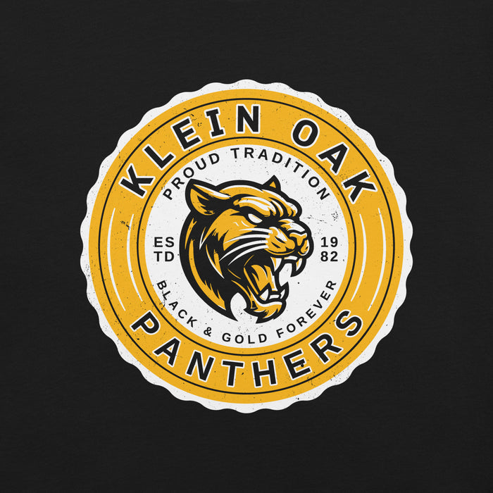 Close-up view of Klein Oak High School Panthers Premium Black Unisex T-shirt 216