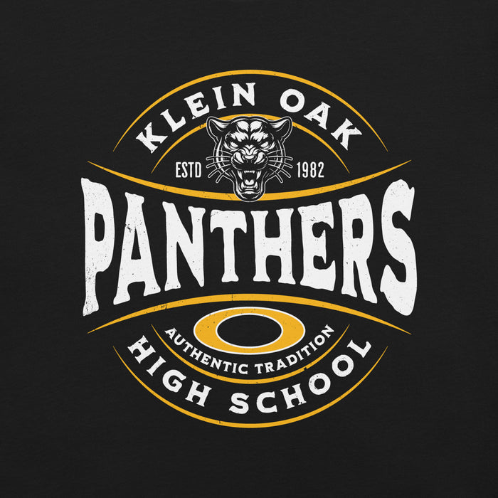 Close-up view of Klein Oak High School Panthers Premium Black Unisex T-shirt 218