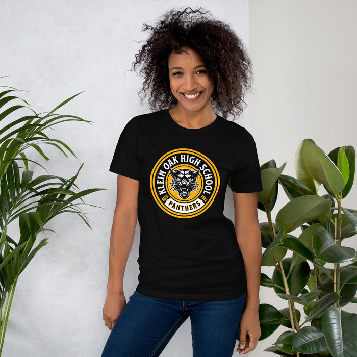 Woman wearing Klein Oak High School Panthers Premium Black Unisex T-shirt 220
