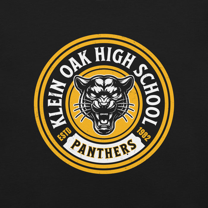 Close-up view of Klein Oak High School Panthers Premium Black Unisex T-shirt 220