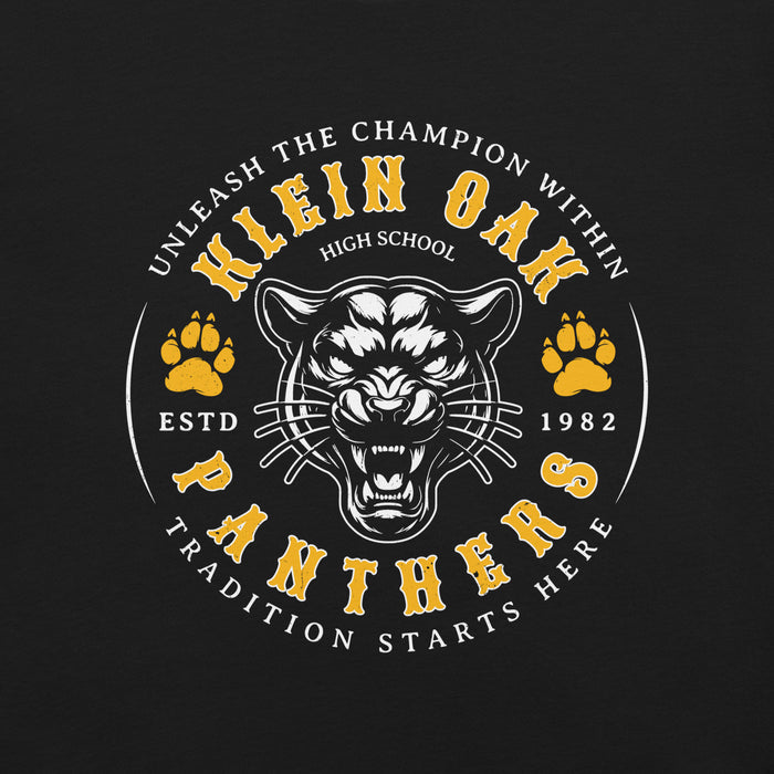 Close-up view of Klein Oak High School Panthers Premium Black Unisex T-shirt 214