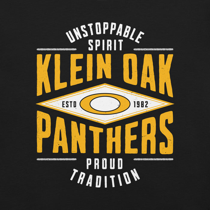 Close-up view of Klein Oak High School Panthers Premium Black Unisex T-shirt 210