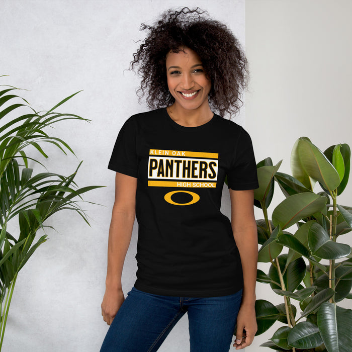 Woman wearing Klein Oak High School Panthers Premium Black Unisex T-shirt 098