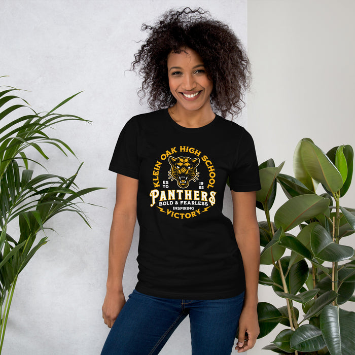 Woman wearing Klein Oak High School Panthers Premium Black Unisex T-shirt 206