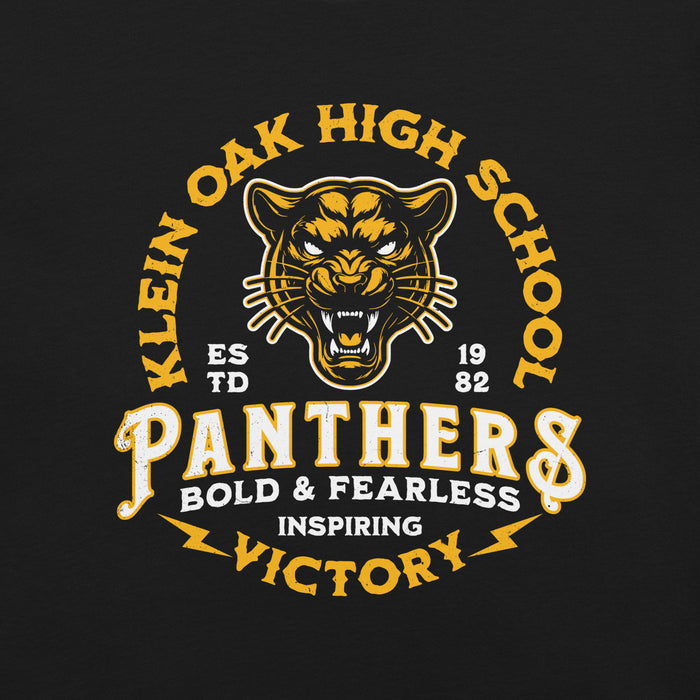 Close-up view of Klein Oak High School Panthers Premium Black Unisex T-shirt 206