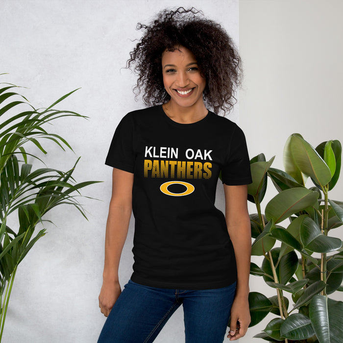 Woman wearing Klein Oak High School Panthers Premium Black Unisex T-shirt 024