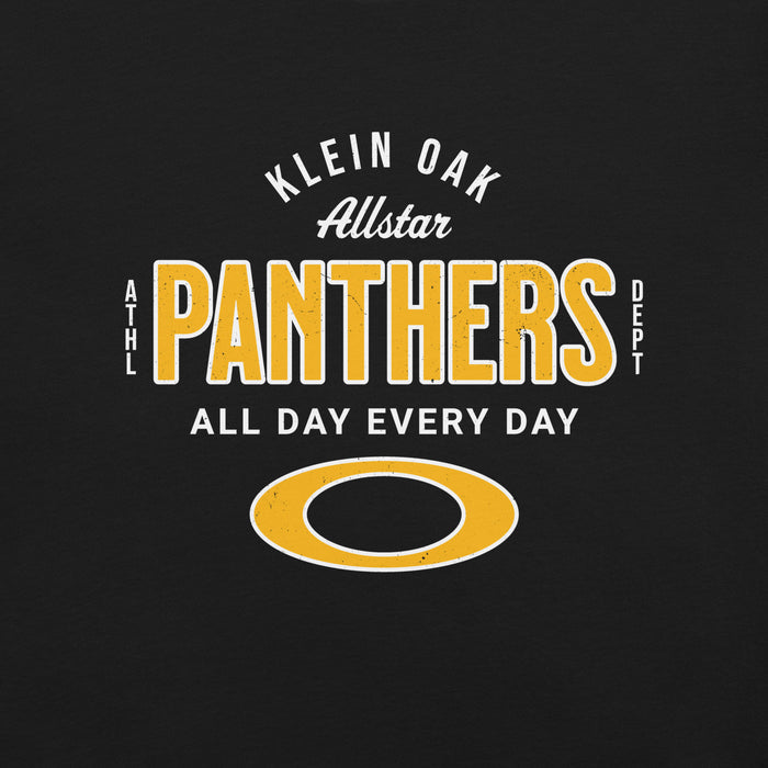 Close-up view of Klein Oak High School Panthers Premium Black Unisex T-shirt 040