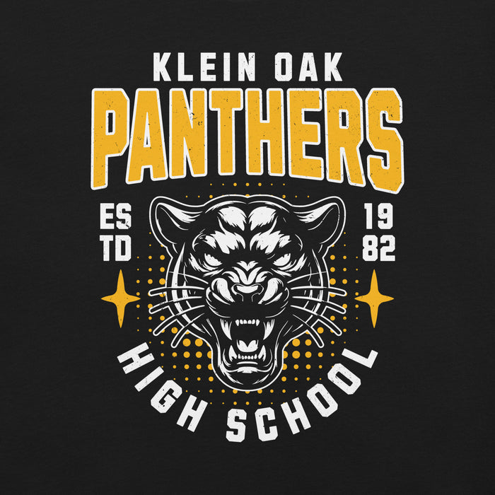 Close-up view of Klein Oak High School Panthers Premium Black Unisex T-shirt 204