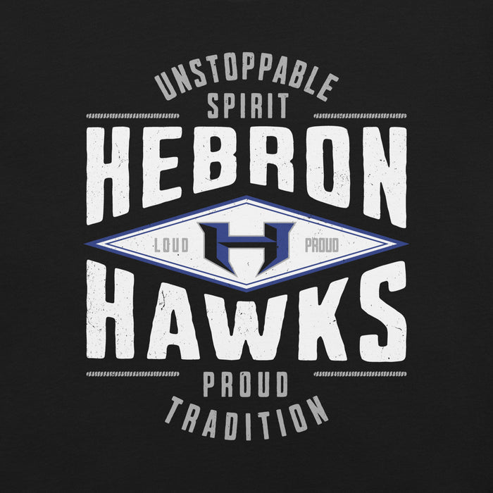 Close-up view of Hebron High School Hawks Black Premium Unisex T-shirt 210