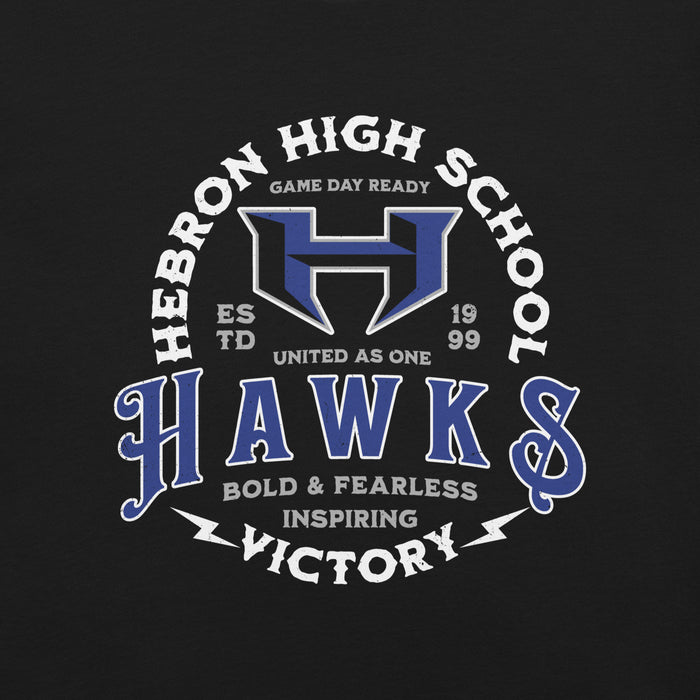 Close-up view of Hebron High School Hawks Black Premium Unisex T-shirt 206