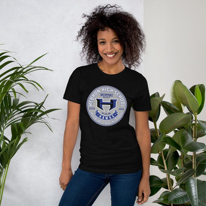 Woman wearing Hebron High School Hawks Black Premium Unisex T-shirt 215