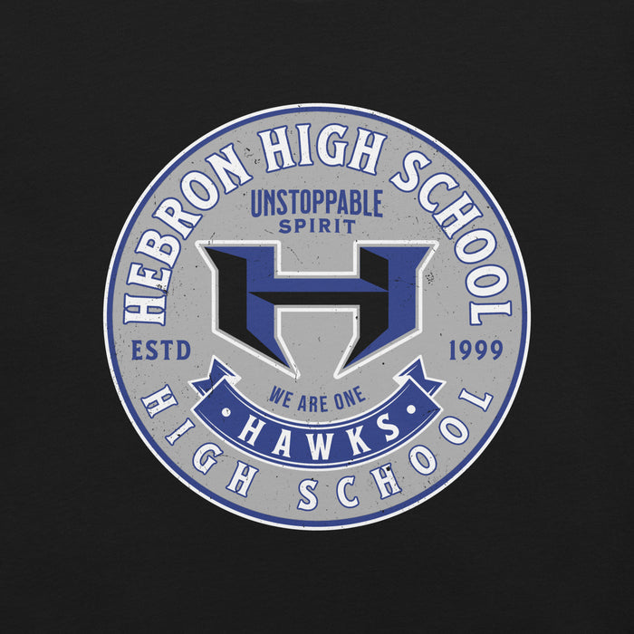 Close-up view of Hebron High School Hawks Black Premium Unisex T-shirt 215