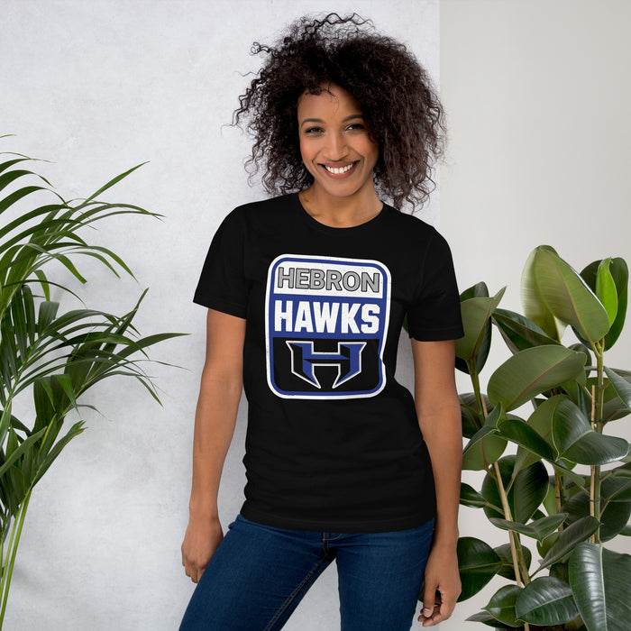 Woman wearing Hebron High School Hawks Black Premium Unisex T-shirt 001