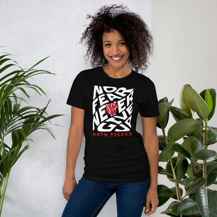 Woman wearing Katy High School Tigers Black Premium Unisex T-shirt 236