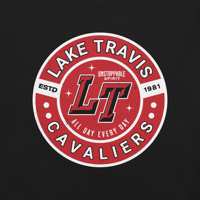 Close-up view of Lake Travis High School Cavaliers Black Premium Unisex T-shirt 239
