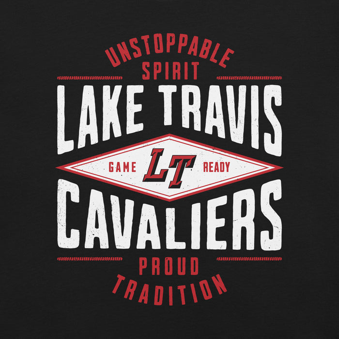 Close-up view of Lake Travis High School Cavaliers Black Premium Unisex T-shirt 210