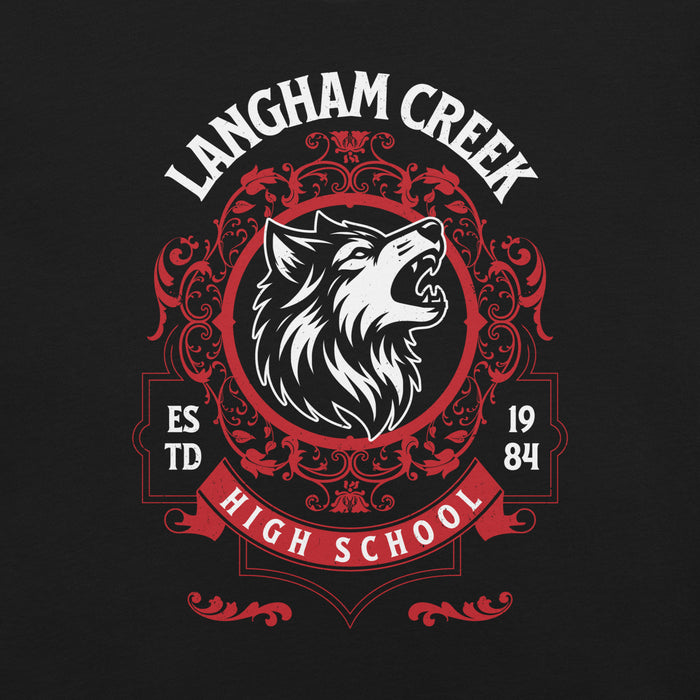 Close-up view of Langham Creek High School Lobos Black Premium Unisex T-shirt 227