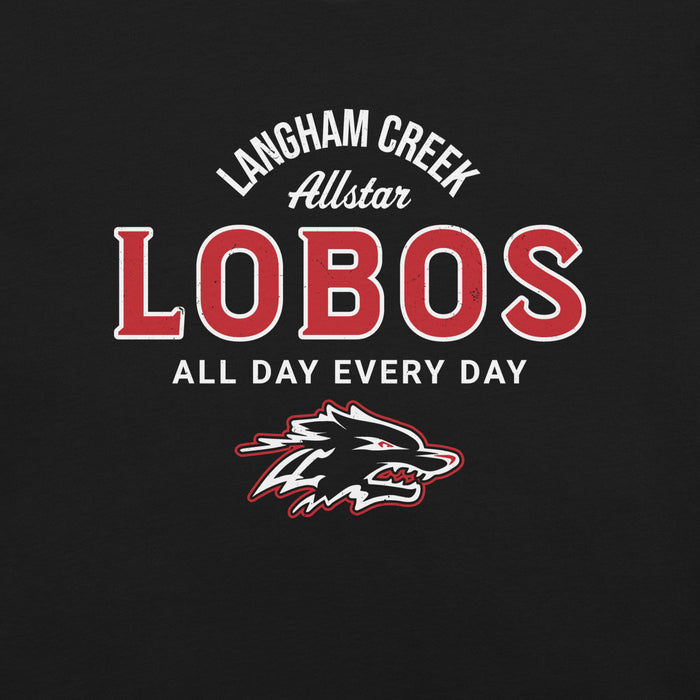 Close-up view of Langham Creek High School Lobos Black Premium Unisex T-shirt 040