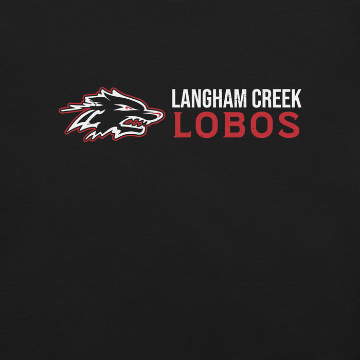 Close-up view of Langham Creek High School Lobos Black Premium Unisex T-shirt 200