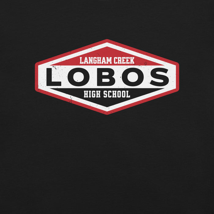 Close-up view of Langham Creek High School Lobos Black Premium Unisex T-shirt 009