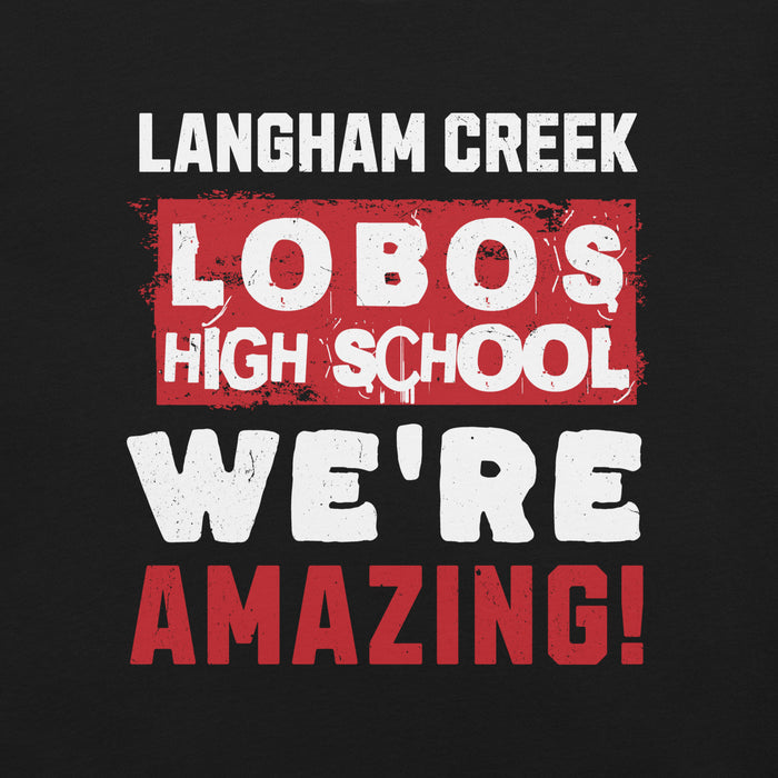 Close-up view of Langham Creek High School Lobos Black Premium Unisex T-shirt 231