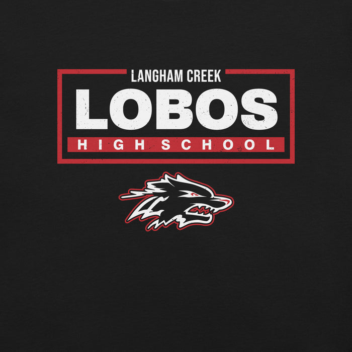 Close-up view of Langham Creek High School Lobos Black Premium Unisex T-shirt 049