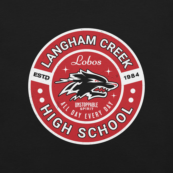 Close-up view of Langham Creek High School Lobos Black Premium Unisex T-shirt 239