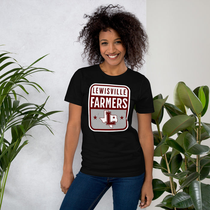 Woman wearing Lewisville High School Farmers Black Premium Unisex T-shirt 001