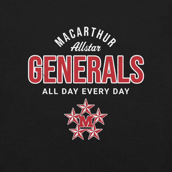 Close-up view of MacArthur High School Generals Black Premium Unisex T-shirt 040
