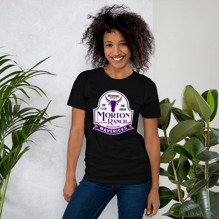 Woman wearing Morton Ranch High School Mavericks Premium Black Unisex T-shirt 219