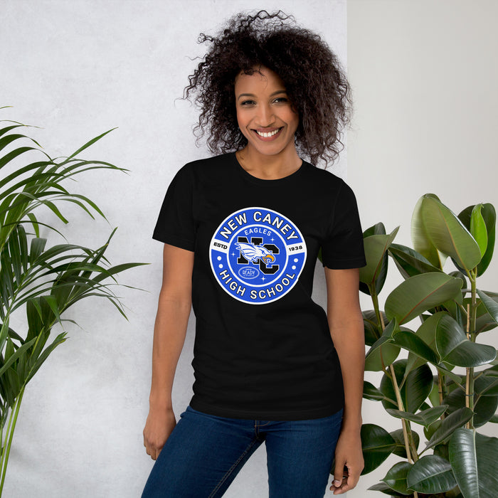 Woman wearing New Caney High School Eagles Black Premium Unisex T-shirt 239