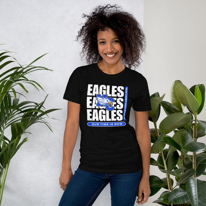Woman wearing New Caney High School Eagles Black Premium Unisex T-shirt 235
