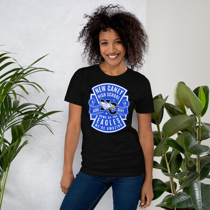 Woman wearing New Caney High School Eagles Black Premium Unisex T-shirt 207