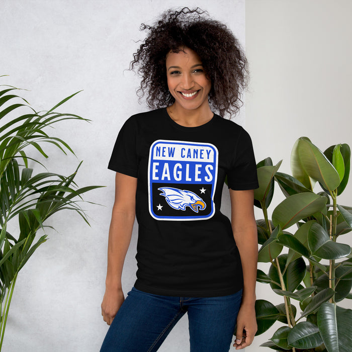 Woman wearing New Caney High School Eagles Black Premium Unisex T-shirt 001