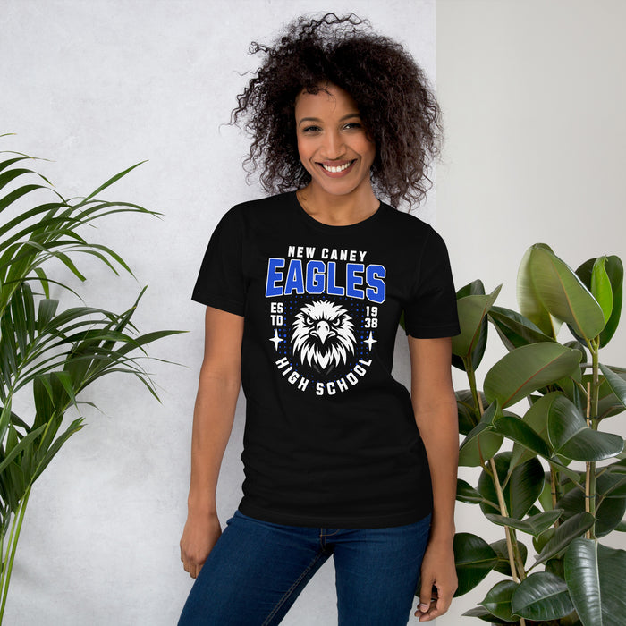 Woman wearing New Caney High School Eagles Black Premium Unisex T-shirt 204