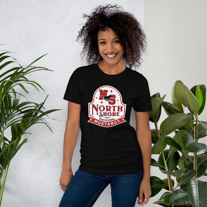 Woman wearing North Shore High School Mustangs Black Premium Unisex T-shirt 219