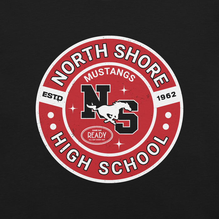 Close-up view of North Shore High School Mustangs Black Premium Unisex T-shirt 239