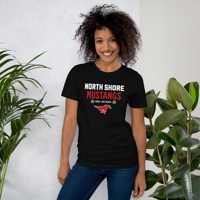 Woman wearing North Shore High School Mustangs Black Premium Unisex T-shirt 003