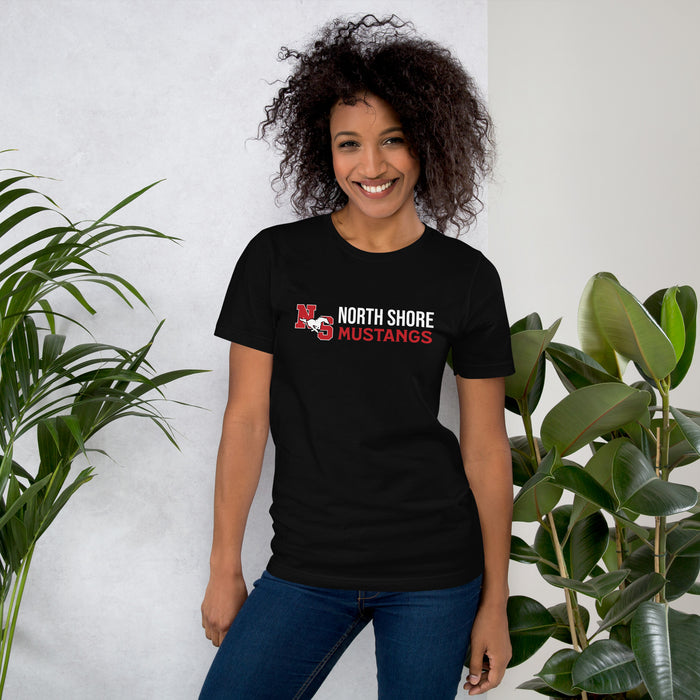 Woman wearing North Shore High School Mustangs Black Premium Unisex T-shirt 200
