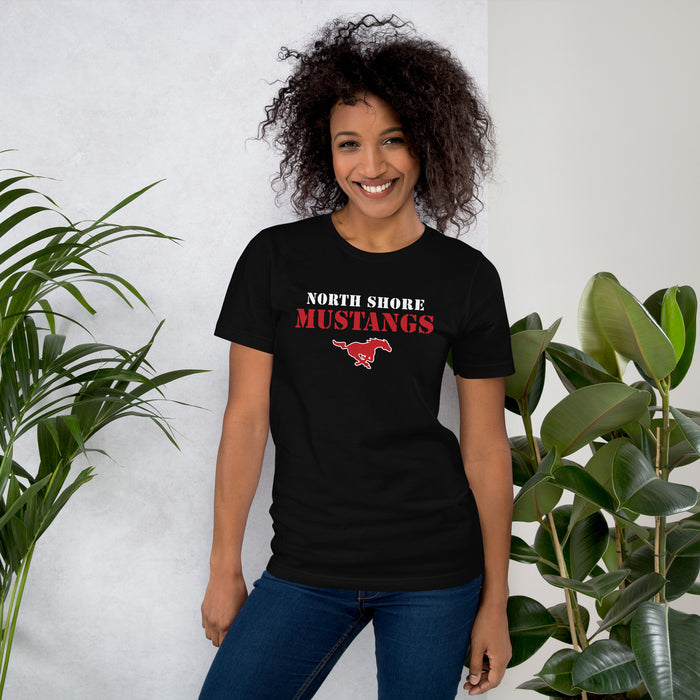 Woman wearing North Shore High School Mustangs Black Premium Unisex T-shirt 017