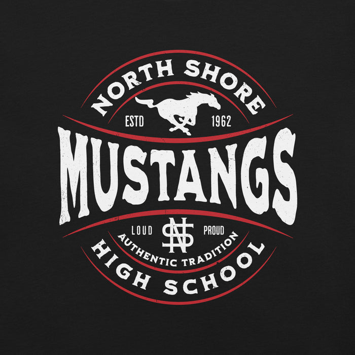 Close-up view of North Shore High School Mustangs Black Premium Unisex T-shirt 218