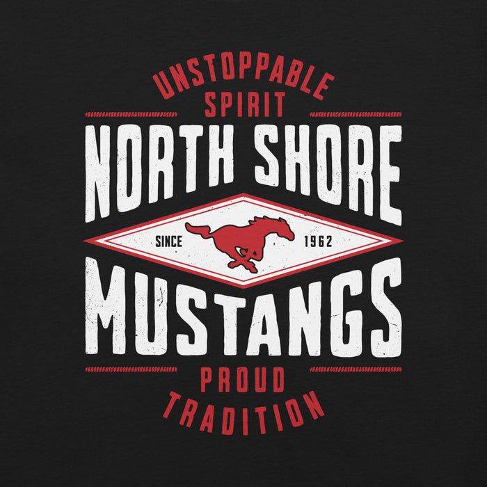 Close-up view of North Shore High School Mustangs Black Premium Unisex T-shirt 210