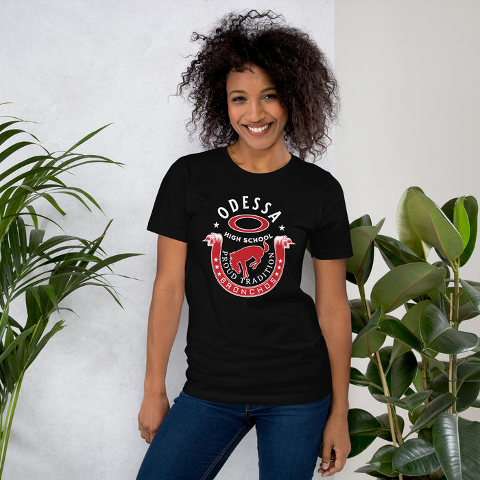 Woman wearing Odessa High School Bronchos Black Premium Unisex T-shirt 229