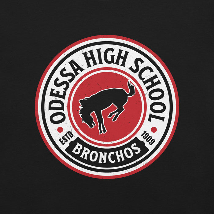 Close-up view of Odessa High School Bronchos Black Premium Unisex T-shirt 220