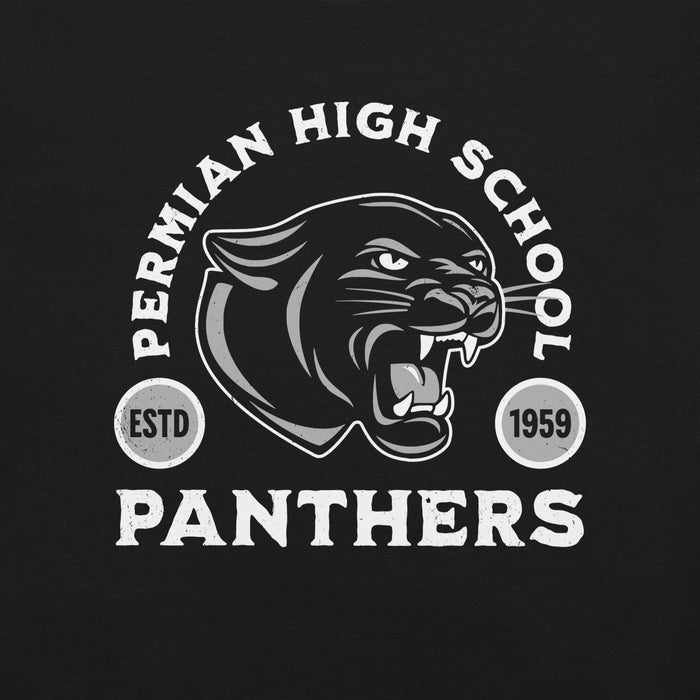 Permian High School Panthers logo with panther head and text on a black background - premium t-shirt design 208